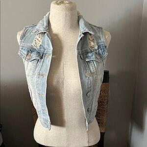 Light Wash Distressed Denim Vest - Womens